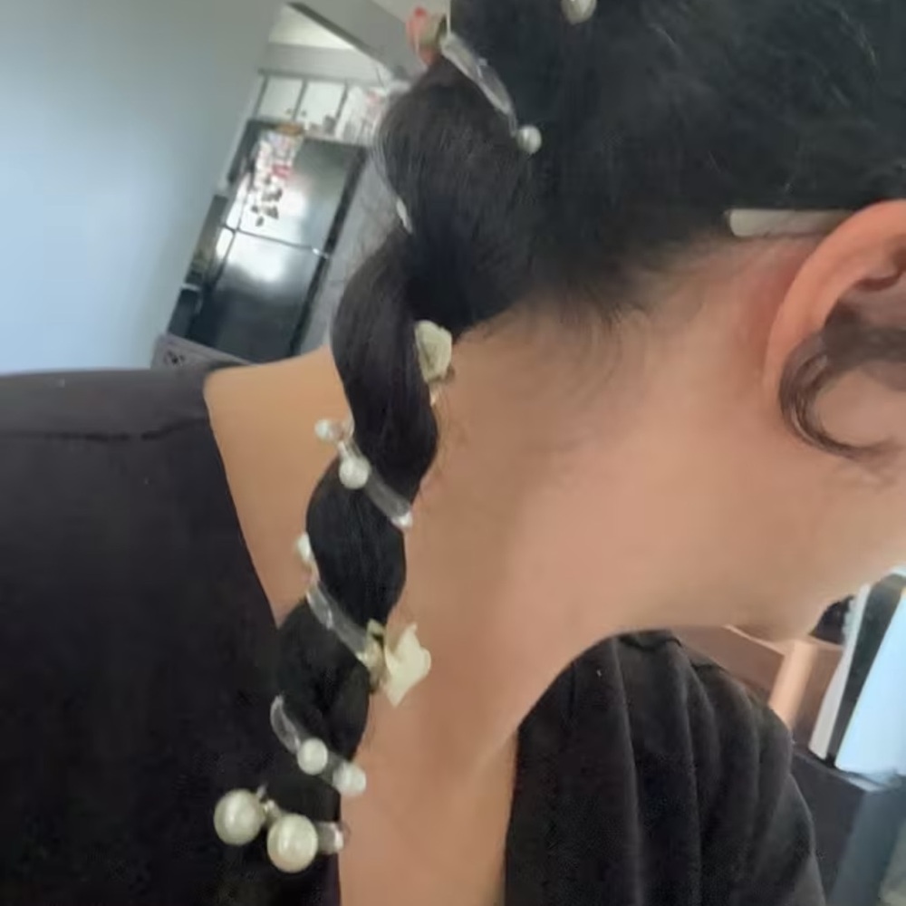 Bohemian Style Braided Hair Rope with Pearls and Flowers - Picture 5 of 6